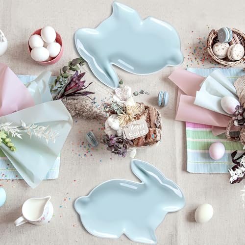 Jinei 4 Pcs Easter Bunny Shaped Plates Ceramic Serving Candy Dishes Rabbit Dinner Tray Salad Dessert Appetizer Plates Dinnerware for Easter Party Spring Garden Tea Party Supplies((Blue) - color: Blue