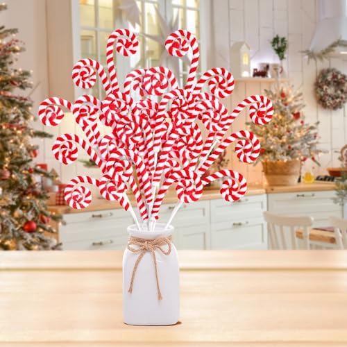 Sggvecsy 12 Pcs Christmas Tree Decoration Woolen Bells Candy Cane Shaped Picks Lollipop Curly Pick Ornaments Xmas Tree Topper for Party Vase Filler Home Office Decor (Red)