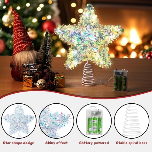 Christmas Tree Topper Star Iridescent Tinsel Star Tree Topper 10 Inch Lighted Tree Topper Battery Operated Christmas Tree Decoration for Holiday Indoor Decoration Warm White Light