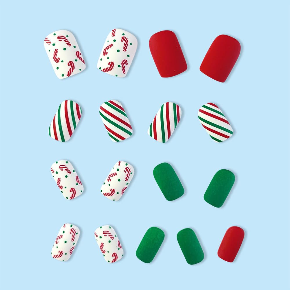 Christmas Press On Square Shape Fake Nails with Red Green Line Christmas Ribbon Candy Pattern Design Full Cover Acrylic Glue On Nails for Women