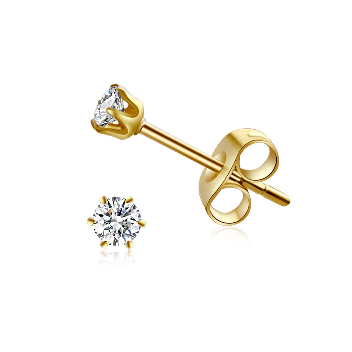 FOSIR 6 Pairs 3mm Tiny Women's 14K Gold Plated Stainless Steel Cubic Zirconia Stud Earrings, Hypoallergenic 316L Earrings Pack