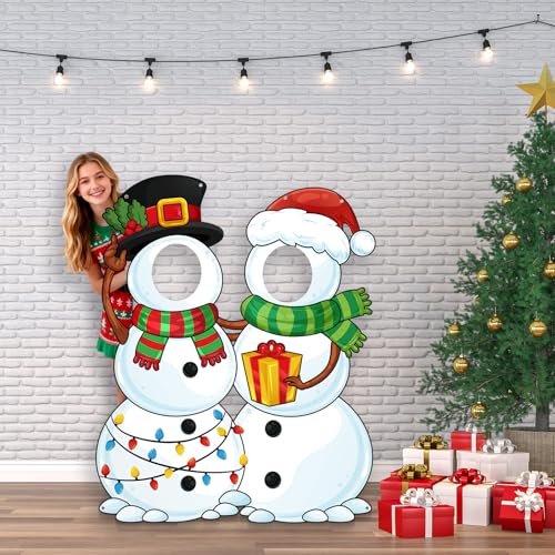 WovWeave Snowman Christmas Photo Booth Fabric Banner with Two Face Cutouts, 55" x 44" Holiday Party Decorations, Winter Backdrop, Festive Snowman Props for Christmas Party Supplies - style: Snowman