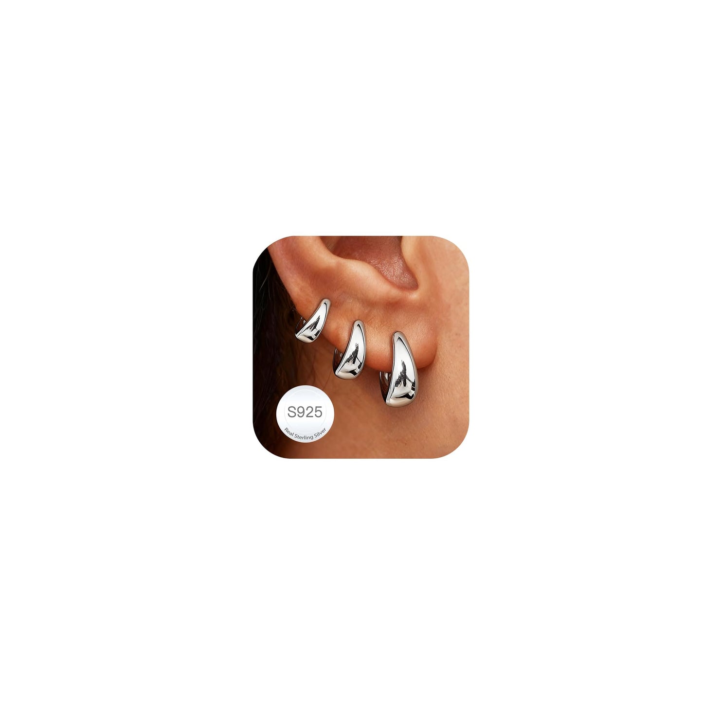 DORANA 3 Pairs 925 Sterling Silver Earrings for Women Non Tarnish Small Huggie Hoop Earrings Hypoallergenic Cartilage Hoops Stackable Earring Silver Stacks Sets for Multiple Piercing