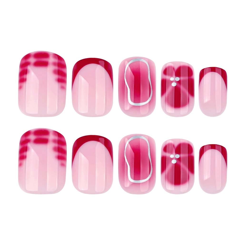 Foccna French Press on Nails Short Red Fake Nails Square Glossy Flower False Nail Tips Artificial Nails for Women&Girls 24 pcs