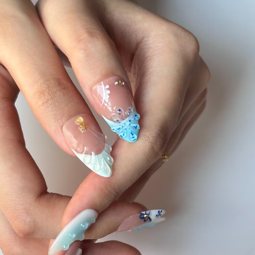 Handmade Press On Nails - MAGLFELL Spring Nails Almond Fake Nails, 3D Blue Carving Floral and French Design, Reusable 10Pcs Acrylic Fingernail Salon Artificial Nails Kit (Size L)