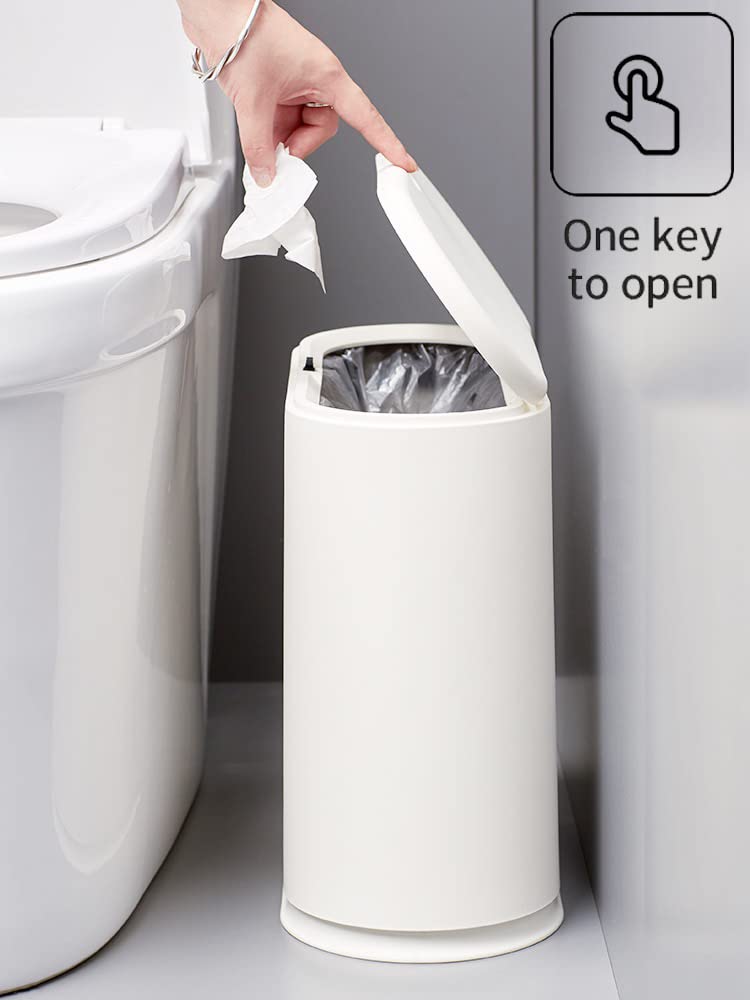 Baosia White Slim Rectangular Plastic Trash Can with Press Type Lid,12 Liter / 3.2 Gallon Narrow Trash Bin with Pop-up Lid for Toilet,Bedroom,Bathroom,Office,Kitchen,Powder Room