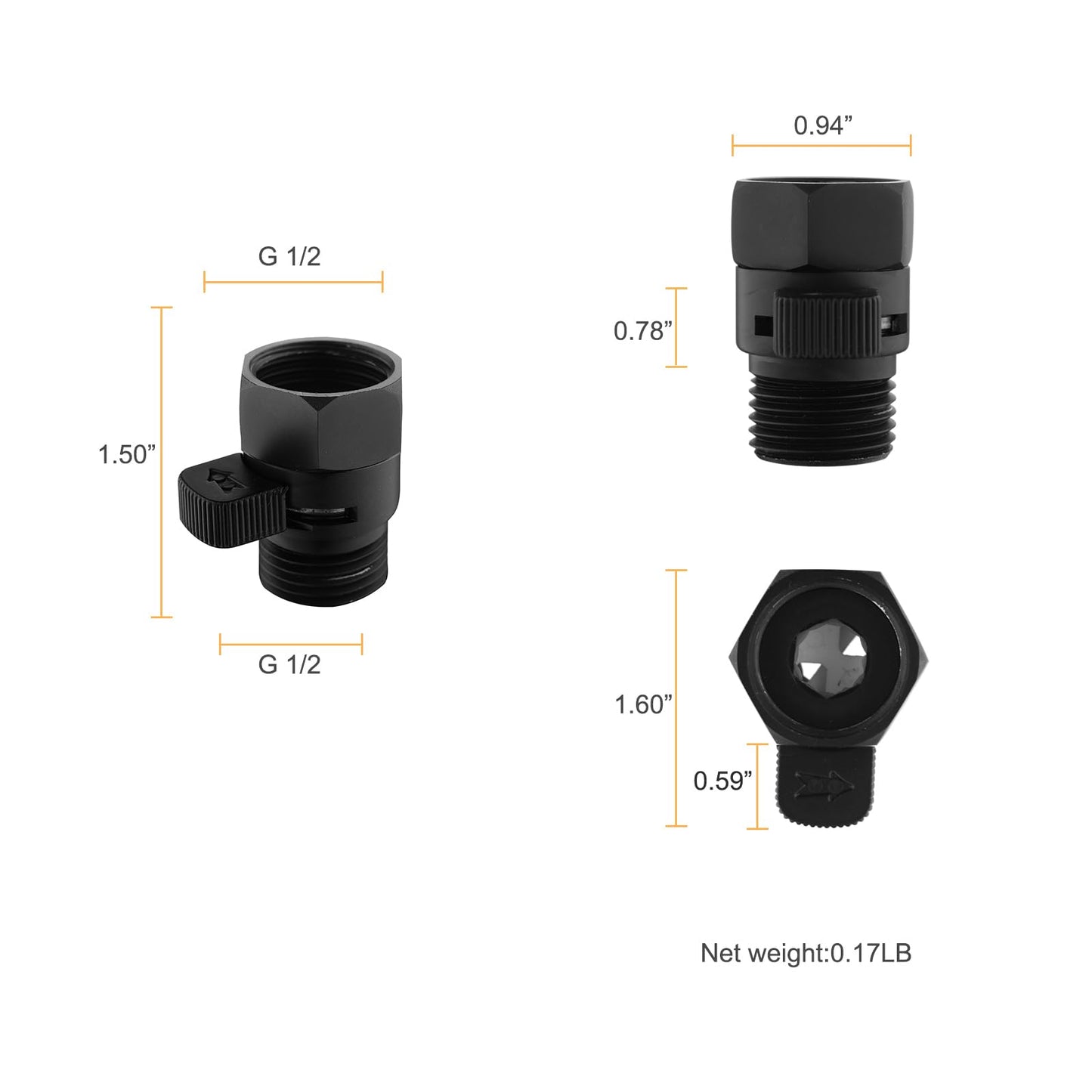 Matte Black Water Flow Control Valve, 1/2" Shower Head Flow Control Brass Shut Off Valve for Handheld, Water Pressure Regulator Replacement for Shower System