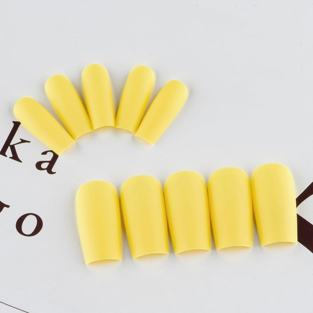 Matte Yellow Press On Nails Medium Long Square, Coffin Acrylic Press Ons, Glue On Medium Length, Solid Color Fake Cherry Yellow Thick Stick On Nails for Women