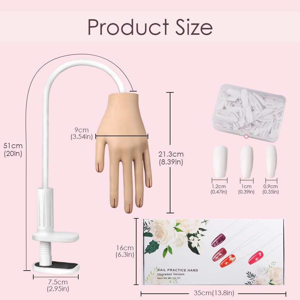 KnowU Practice Hand for Acrylic Nails, Flexible Silicone Mannequin Hand for Nails with Adjustable Stand, 100PCS Nail Tips Included, Adjustable Nail Hand Practice Model for Beginners