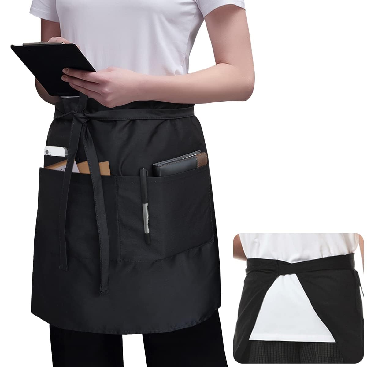 ROTANET Server Apron 2 Pack Black with 3 Pockets 18 Inch Long Waiter Waitress Bistro Half Waist Aprons for Women Men Waterproof