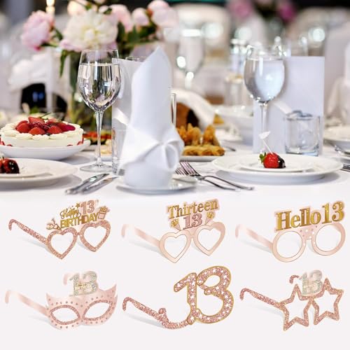 Guiruiy 24PCS 13th Birthday Paper Eyeglasses Decorations for Girls, Pink Rose Gold Happy 13th Birthday Eyeglasses Party Supplies, Funny 13 Year Old Birthday Thirteen Teenager Glasses Decor - style: Rose Gold 13th