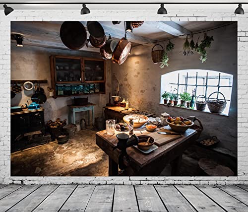 BELECO 15x10ft Fabric Rustic Old Rural Farmhouse Kitchen Interior Backdrop Western Inn Restaurant Kitchen Utensils Dining Table Cooking Background Countryside Theme Church Event Portrait Photo Props