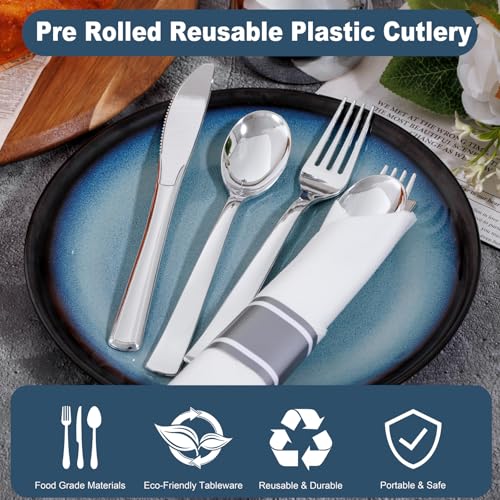 200Guests Pre Rolled Silver Plastic Silverware Sets - Heavy Duty Silver Cutlery - Include 200 Pack Wrapped Disposable Utensils with Napkins for Parties & Dinners & Weddings - color: 200Pack - Silver