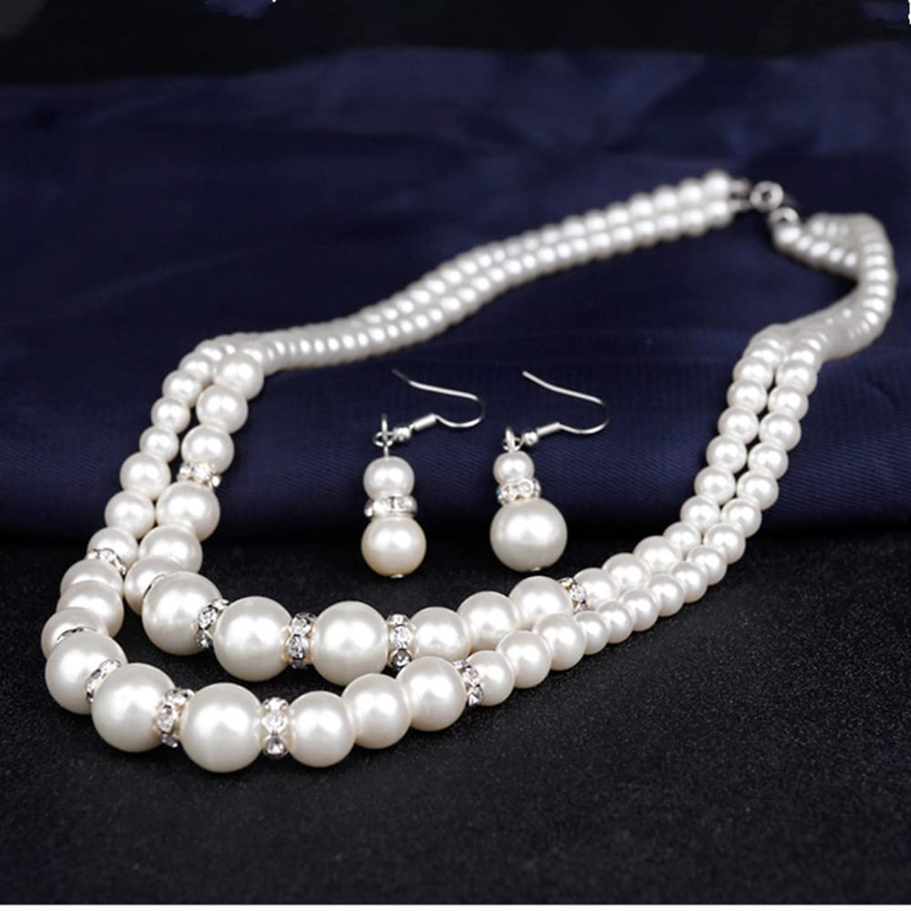 tenghong2021 Fashion Classic Faux Pearl Jewelry Set Necklace Bracelet Earrings for Women Best Gift (White Double Layered)