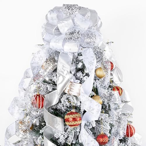 Silver Glitter Christmas Tree Topper Bow 11 Inch with 6 Ribbon Tails 3 Yards Long Wired Ribbon for Holiday Easy Style Party Decoration