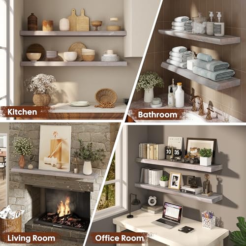 Live Edge Floating Shelves Set of 2, 36 Inch Solid Elm Wood Wall Shelves - Invisible Bracket Mount for Living Room, Bedroom, Kitchen, Bathroom | Weathered Gray - color: Driftwood Gray, size: 36"L, 2-Pack