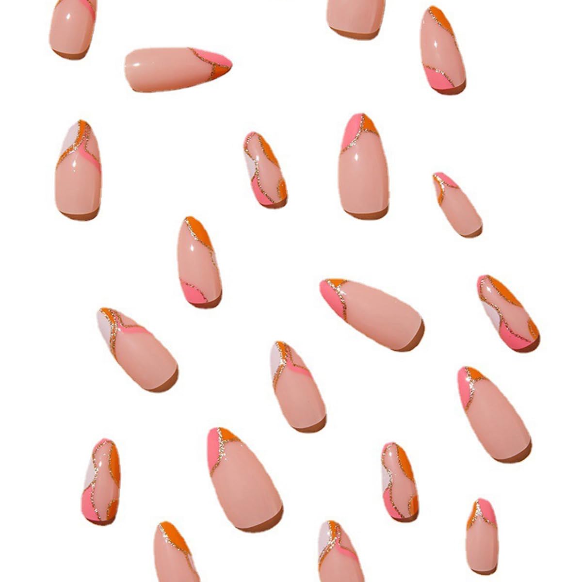 FJSMTOPl Orange Press on Nails Almond Fake Nails Press ons with Design Gold Glitter Swirl Acrylic False Nails Medium Glue on Nails Artificial Stick on Nail for Women Girls Manicure 24Pcs