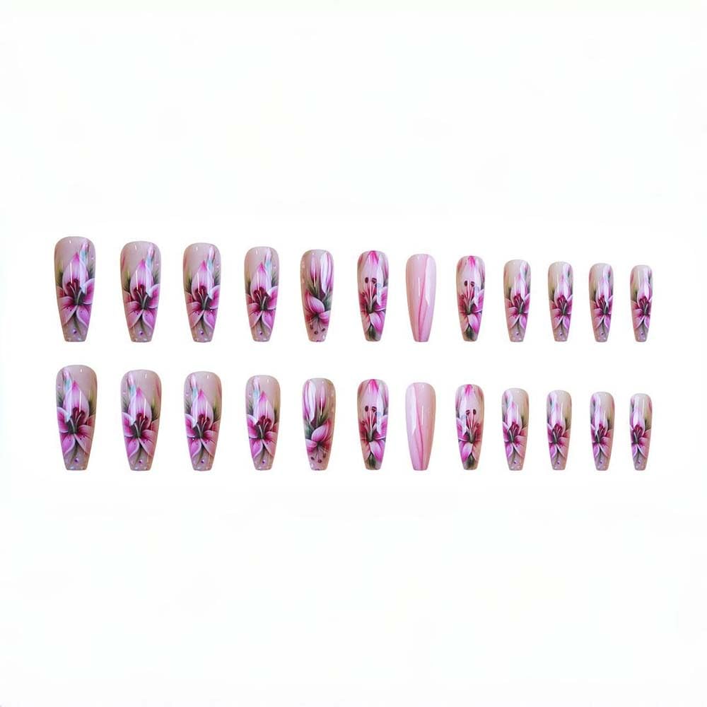 Coffin Press On Nails Long Pink False Nails With Flower Design Full Cover Acrylic Artificial Spring Glossy Reusable Stick On Nail Glue On Nail For Women Manicure Art 24pcs