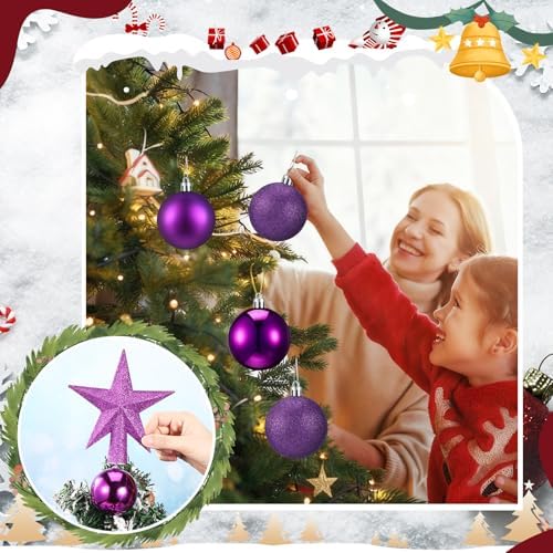 RoundFunny 25 Pcs Mini Christmas Balls Ornaments Set 2.36 Inch Christmas Day Ball Topper Star Tree Hanging Ornaments for Party Decoration(Purple)