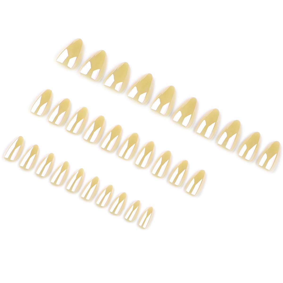 Yellow Chrome Press on Nails Short Almond Fake Nails Spring Summer Nails Press ons with Design,Reusable & Easy Apply Full Cover Stick on Nails for Women Manicure 24Pcs