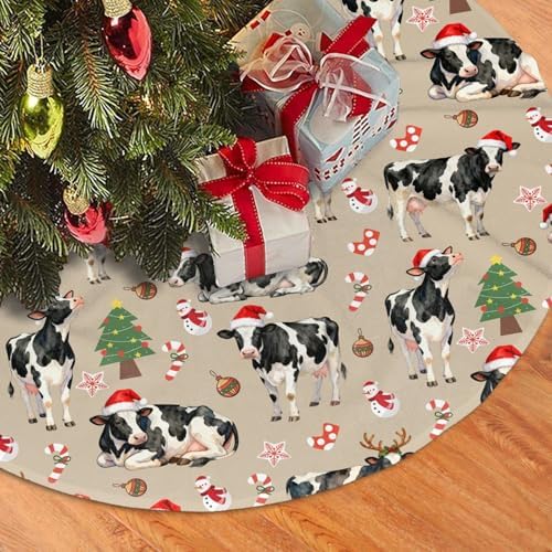Cow Christmas Tree Skirts with Tassel Xmas Tree Skirt for Home Holiday Indoor Outdoor Seasonal Decors 30"