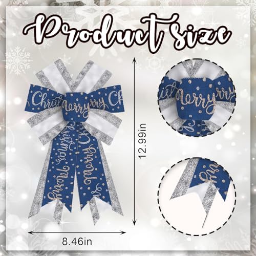 2PCS Merry Christmas Bow for Wreath, Glitter Silver Blue Wreath Bow for Christmas D??cor Winter Bow for Front Door Indoor Outdoor Wall Tree Topper Decoration Supplies Xmas Hanging Ornament