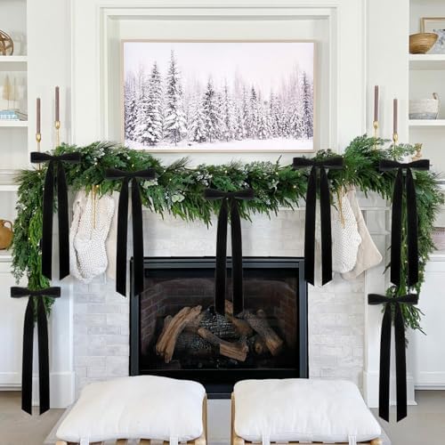Velvet Bows for Christmas Tree Pack of 4 Large Rustic Crafts Gift Wreath Bow Ornaments for Xmas Topper Staircase Home Wedding Outdoor Interior Decor, 2" Width, 23 x 8.7 Inch (4, Black)