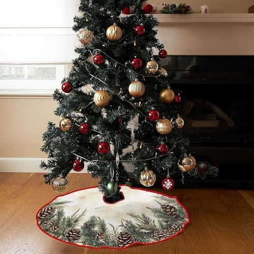 Pine Cones Tree Skirt by Leo Walker Merry Christmas Tree Skirt Collar 48 Inch Xmas Trees Soft Farmhouse Holiday Gnomes Reindeer Snowman Snowflakes Decoration