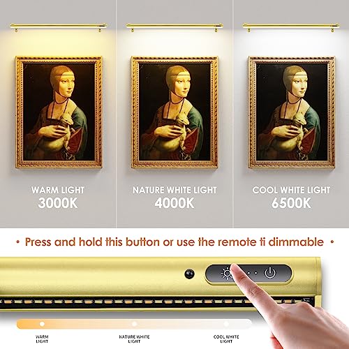 Battery Operated Wireless Picture Light，Rechargeable/Plugged in 31.5inch Painting Display Light,Remote Control Wall Lights with Three Modes and Timing for Art Frame (2 Gold) - color: 2 Gold