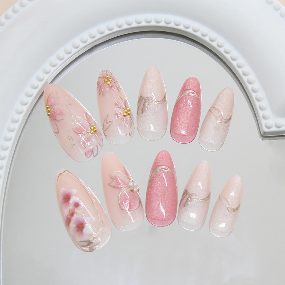 24 Pcs Cat's Eye Press on Nails Short Almond,MINGCHUN Fall Fake Nails Press ons Acrylic Nail Art Tips Kit Full Cover False Nails Glue on Nails with 3D Gilded Flowers Glitter Sequins Design for Women
