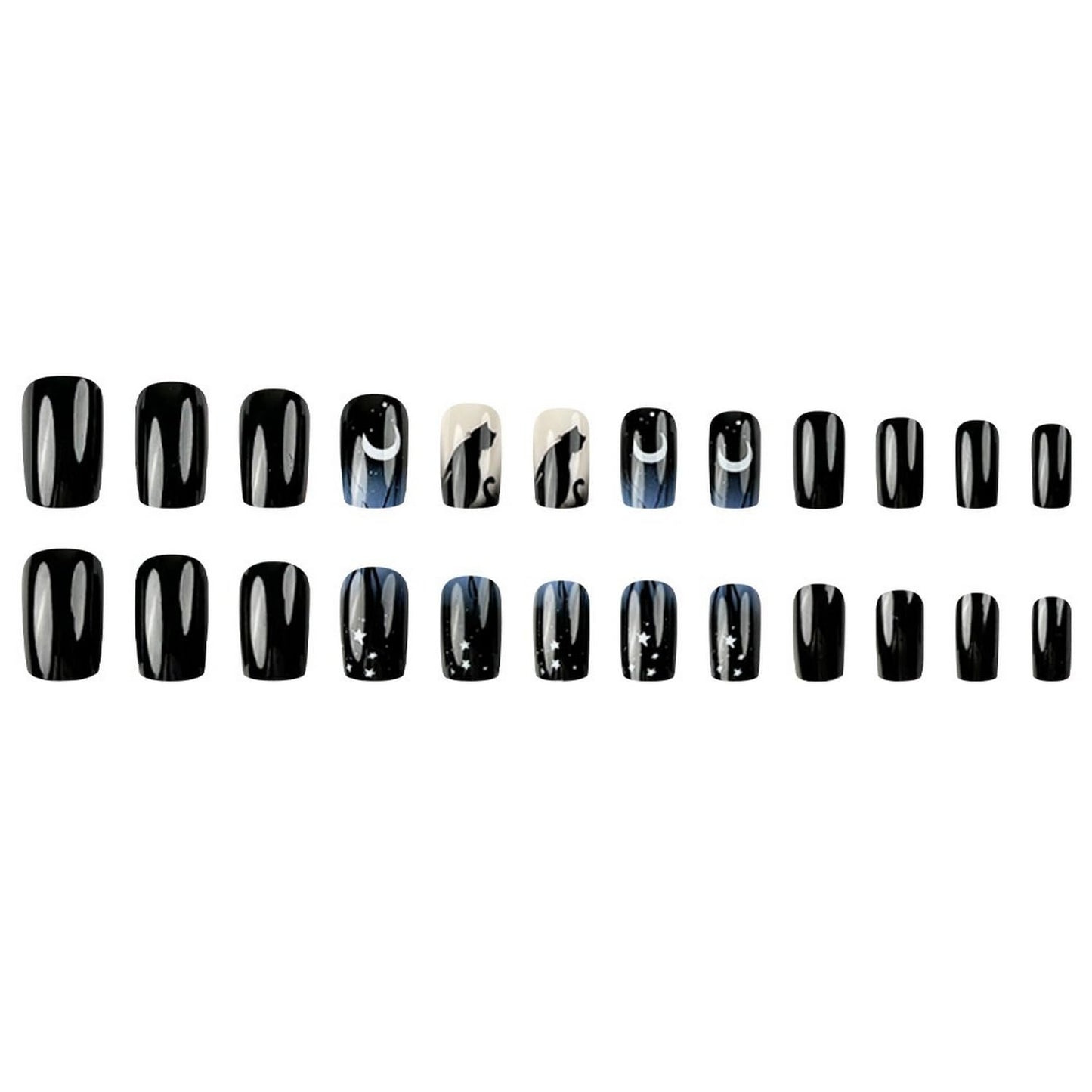 Halloween Press On Nails - Short Square Fake Nails with Black Cat Designs, Glossy Gradient Finish, Full Coverage, Star Moon Pattern, 24 Pcs