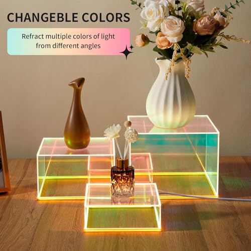 3Pcs Iridescent Acrylic Display Risers with LED light Plug and Play, Lighted Stackable Acrylic Cube Boxes Stand with Hollow Bottom for Figures Jewelry Perfume Purse Liquor Food Buffet Riser - color: Iridescent-LED light-3pcs