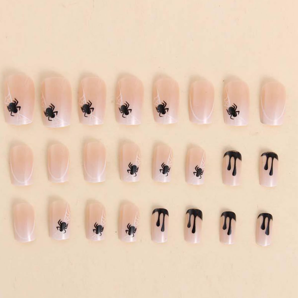 Halloween Square Press on Nails Medium Nude Fake Nails with Spider Web Designs Halloween Glue on Nails Spider Nails Press ons French False Nail for Women DIY Manicure Decorations 24Pcs