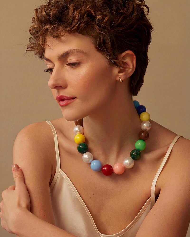 FAUTHENTICUTE Colorful Beaded Necklace for Women Chunky Bead Choker Statement Necklace Boho Summer Beach Jewelry Gift for Mothers Day