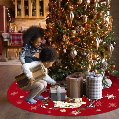 Tiamon Christmas Tree Skirt - 48 Inch Red African American Xmas Tree Mat Decor Snowflake Joy Santa Claus Decor for Winter Holiday Christmas Decoration Supplies