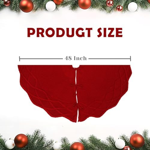 WBHome Christmas Tree Skirt, 48 inch Cable Knit Knitted Thick Rustic Holiday Decoration, Christmas Red