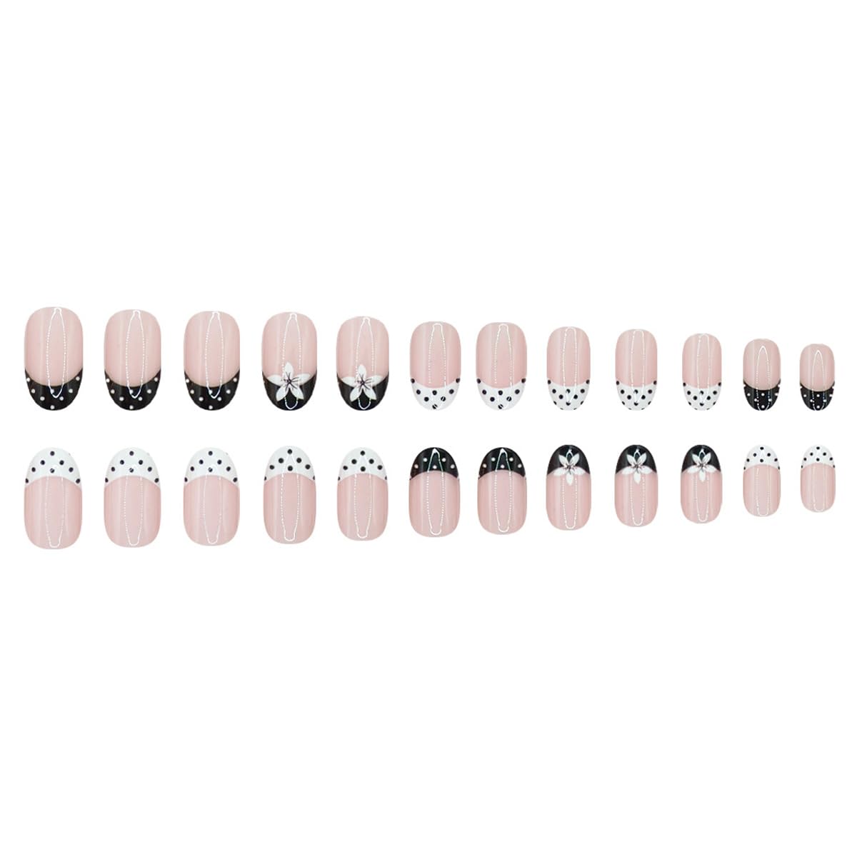 French Tip Press on Nails Short Oval Fake Nails Polka Dot Nails Press ons with Flower Design Artificial Acrylic Nails Reusable Full Cover Glue on Nails for Women Manicure 24Pcs