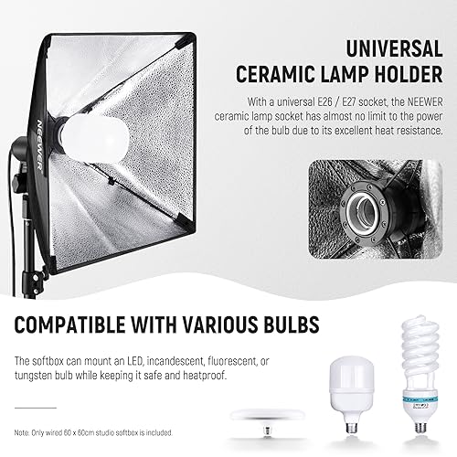 NEEWER 24x24in/60x60cm Softbox with E26 Porcelain Socket/Power Cord/White Diffuser/Stand Adapter, Durable Nylon Softbox Lighting Modifier for Studio Photography Lighting, SF6060 (US Plug) - size: 60X60cm