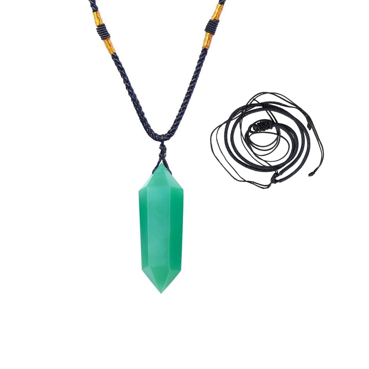 Runyangshi Green Aventurine Healing Crystal Pendants, Double Pointed Natural Crystal Quartz Necklace 6 Faceted Chakra Crystal Wand Stone