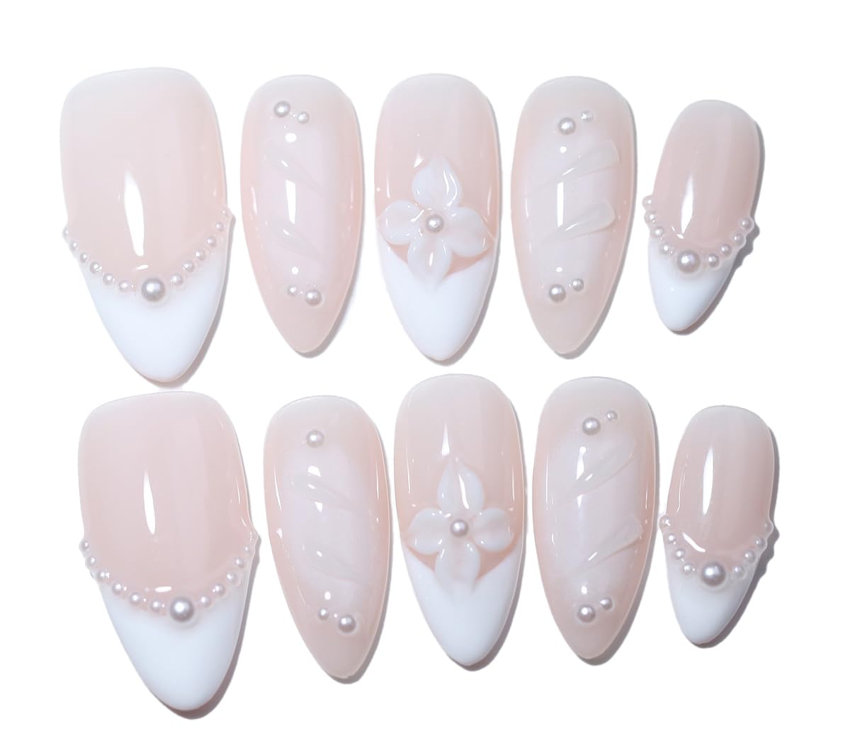 10Pcs Medium Almond Handmade Press On Nails | Easy Apply & Remove, Reusable Salon Quality Nails | Elegant Nude & White Fake Nails with 3D Floral & Pearl Accents(251217, XS)