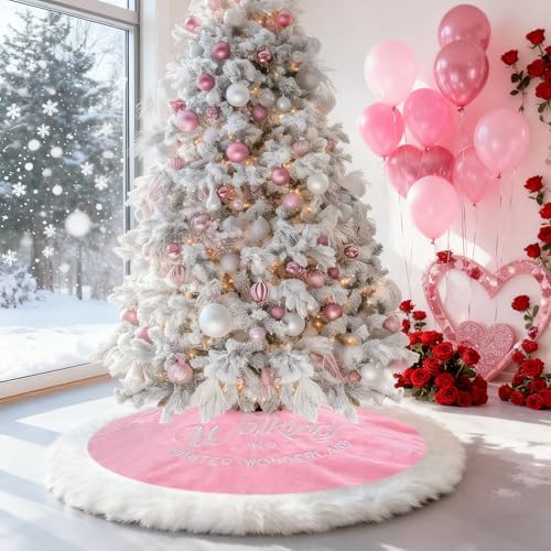 yuboo Pink Christmas Tree Skirt 48 inches, Large Faux Fur Fluffy - Furry Tree Rug Skirt with White Snowflakes Pink Christmas Decor Onaments for 7FT Christmas Tree