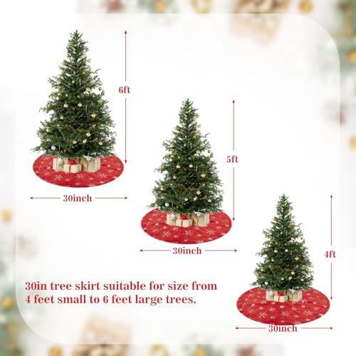 30" Red Plush Faux Fur Christmas Tree Skirt with Silver Sequin Snowflakes