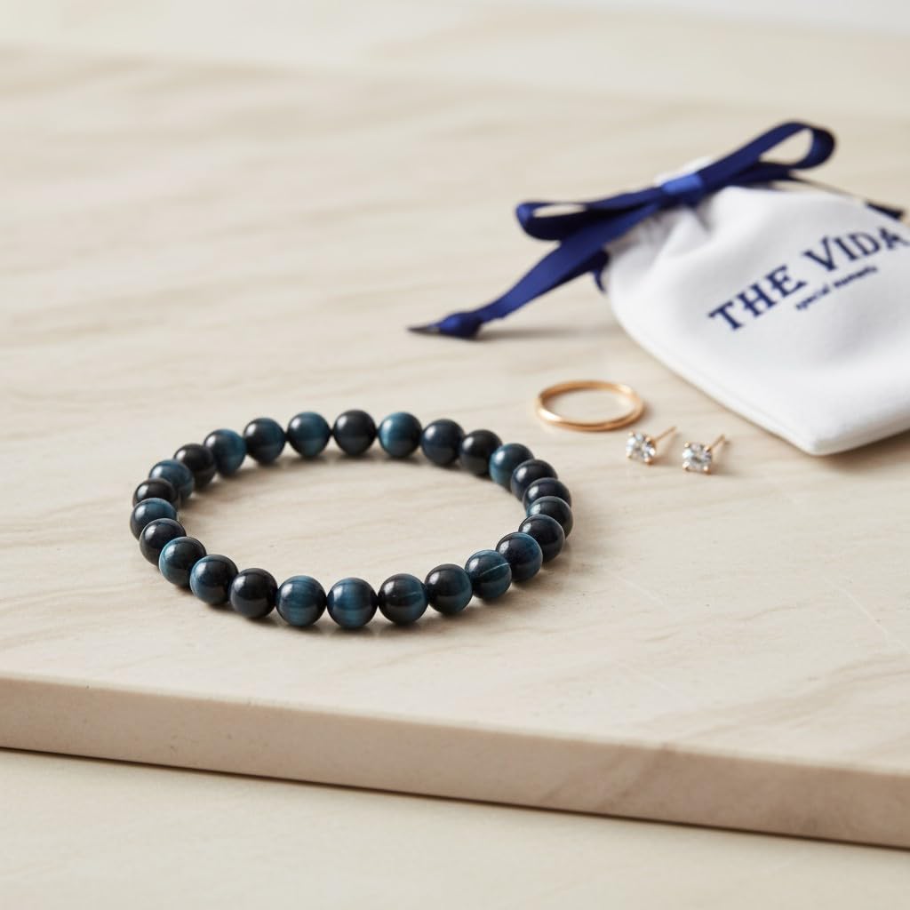 The Vida Handmade AAA+ Quality Crystal Stretch Elastic Bracelet - Nature Gemstone - Jewelry Gift - Holiday Gift - For Women & Men (Blue Tiger Eye)