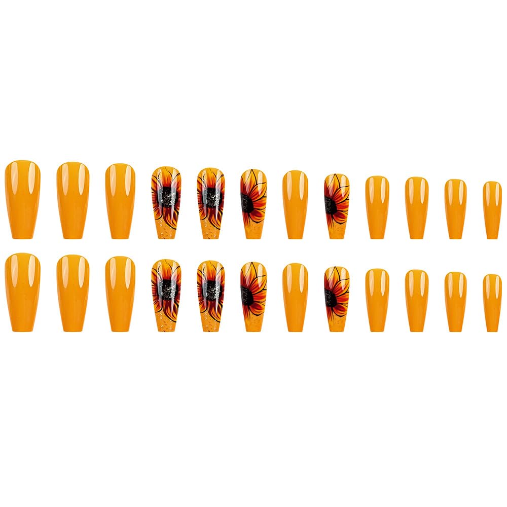 Glitter Yellow Flower Press on Nails Medium Coffin Fake Nails Flower False Nails with Sunflower Designs Glossy Stick on Artificial Nails Spring Summer Acrylic Nail Decorations for Women 24 pcs