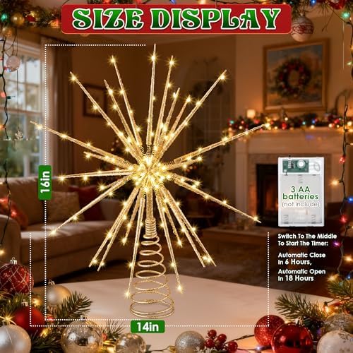 Meonum LED Starburst Christmas Tree Topper with Timer, Golden, 16inch
