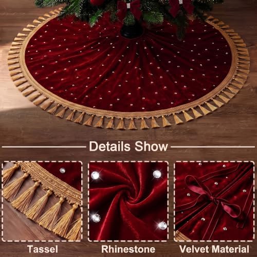 Roowest 48 Inch Burgundy Christmas Tree Skirt Velvet, Round