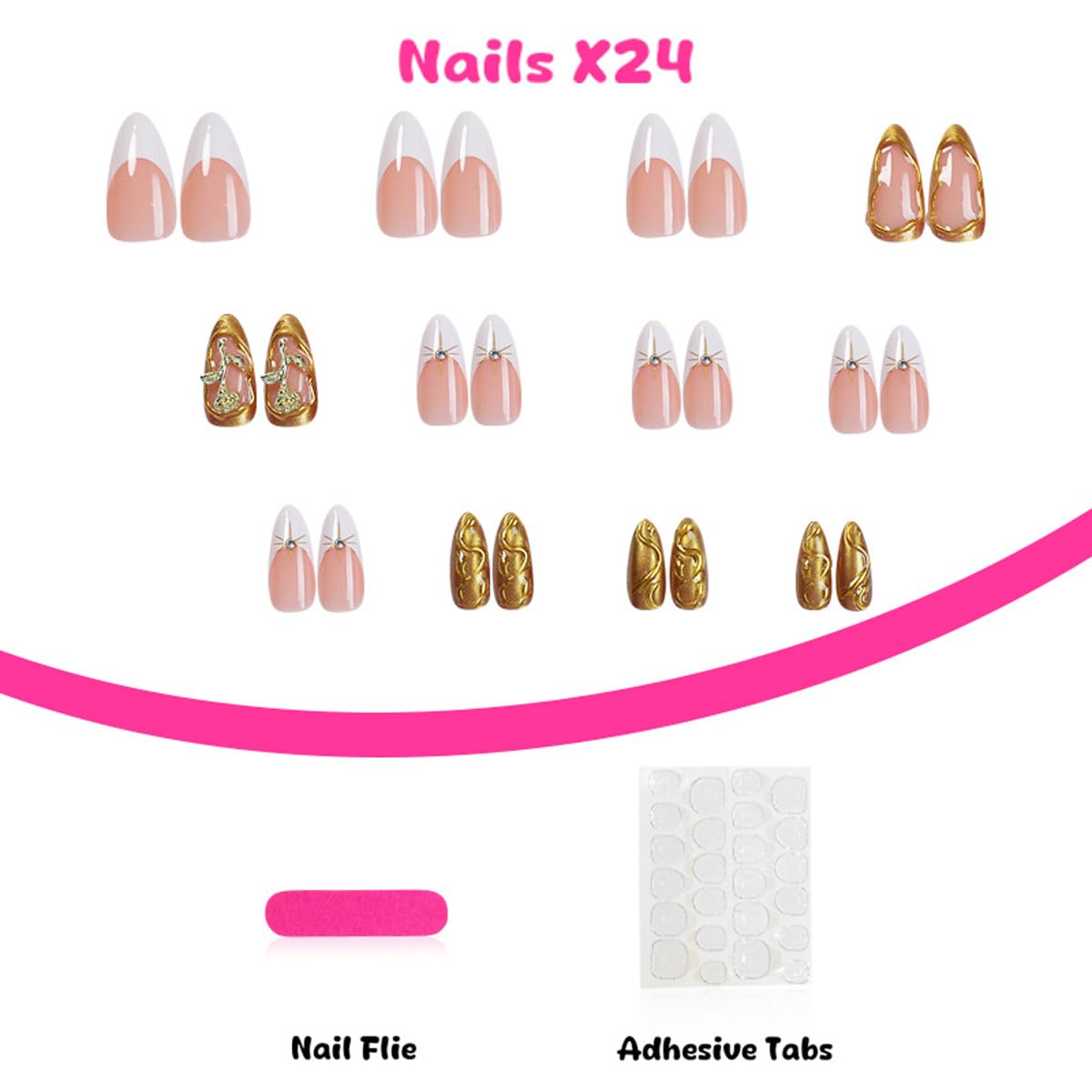 Gold Press on Nails Medium Almond Fake Nails French Nails Press ons with Gold Rose Charm Design Reusable Artificial Nail Full Cover Glue on Nail Stick on Nails for Women Manicure 24Pcs