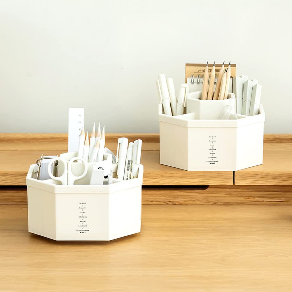 kaileyouxiangongsi Desk Organizer, 360-Degree Rotating Multi-Functional Pen Holder, 5 Compartments Desktop Stationary Organizer, Home Office Art Supply Storage Box Caddy (White)