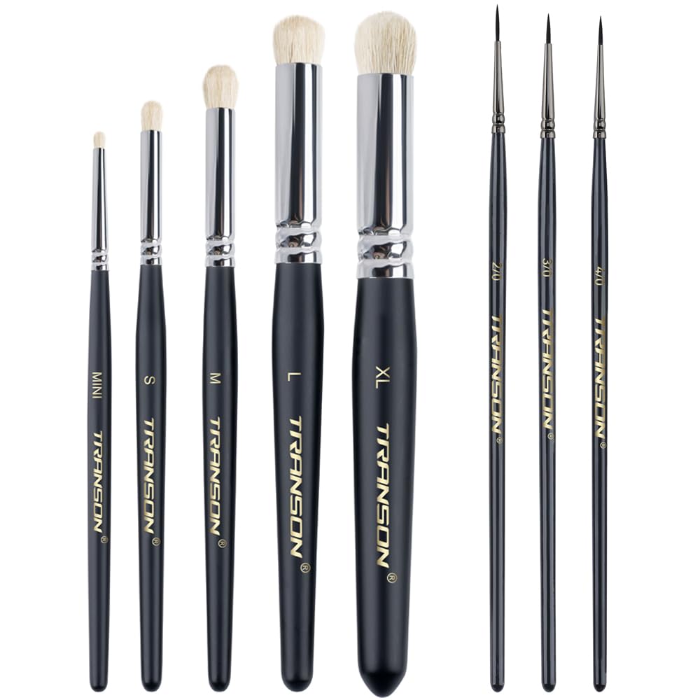 Transon 8pcs Miniature Painting Dry Brush Set with 5 Drybrushes and 3 Small Detail Brushes for Model Making and Miniature Model Painting