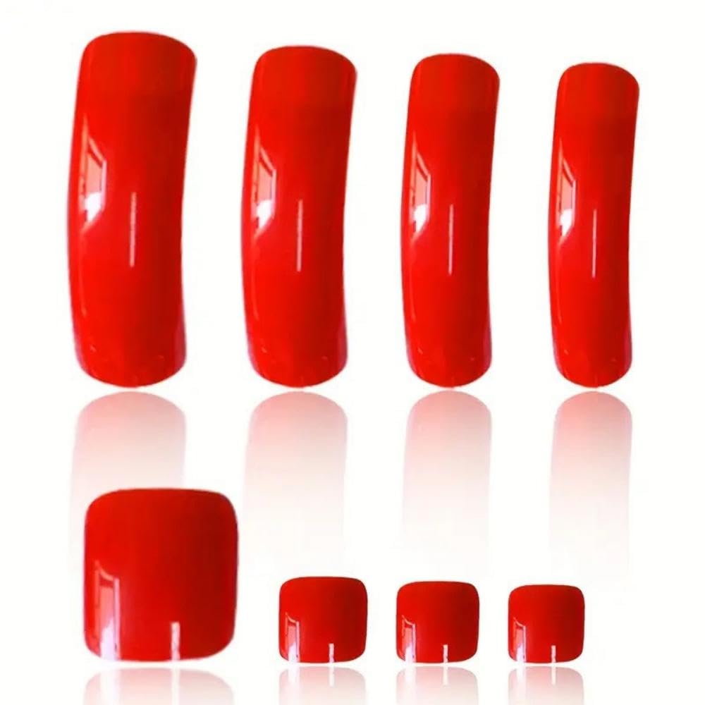 48Pcs Red Press on Nails Long Curved Fake Nails with Designs Glossy Solid Red Press on Toenails Short Square Summer Fake Toenails Reusable Full Cover Beach False Toenails for Women Girls Manicure